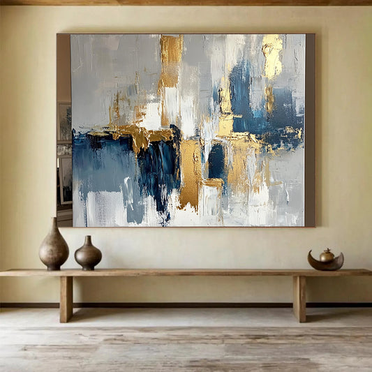 “Abstract Gold - Blue - Gray Cityscape” - Gold, Blue, Gray, White, Urban Shapes Painting On Canvas HB0818