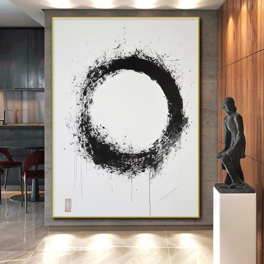 Black & Gray Splattered Circular Ink - “Subtle Enso Depth” Painting On Canvas HB248