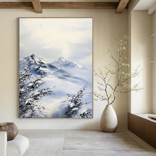 Contemporary hand-painted abstract artwork featuring textured snow-capped mountains in gray and blue tones with an impressionist style and visible brushstrokes. DLZ1683