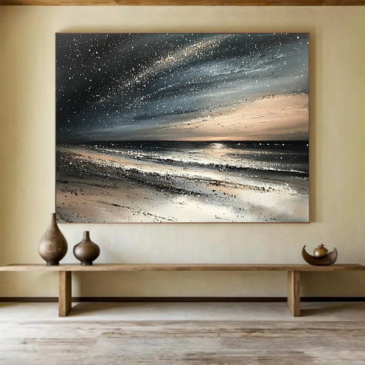 “Starry Night Beach” - Blacks, Whites, Grays, Beiges, Beach Under a Starry Sky - Impasto Oil Painting HB1741