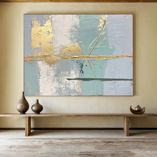 “Gold Accents on Pastel Abstract” - Light blue, gray, white, gold; Abstract with gold brushstrokes; Acrylic Painting On Canvas HB1246