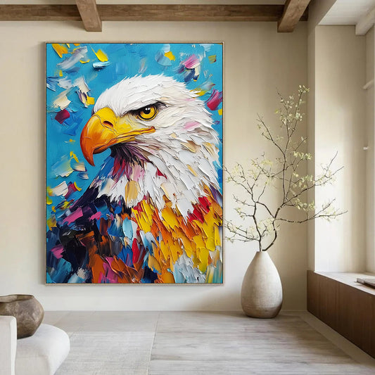 Contemporary abstract artwork features a colorful bald eagle in impasto oil style against a striking blue background, perfect for modern decor. DLZ1569