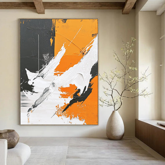 Contemporary hand-painted abstract art featuring thick brushstrokes, geometric elements, and a polar bear silhouette against a gray background with vibrant orange and white details. DLZ0653