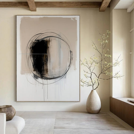 Contemporary hand-painted abstract artwork featuring a black oval with dynamic brush strokes on a serene light beige background. DLZ1010