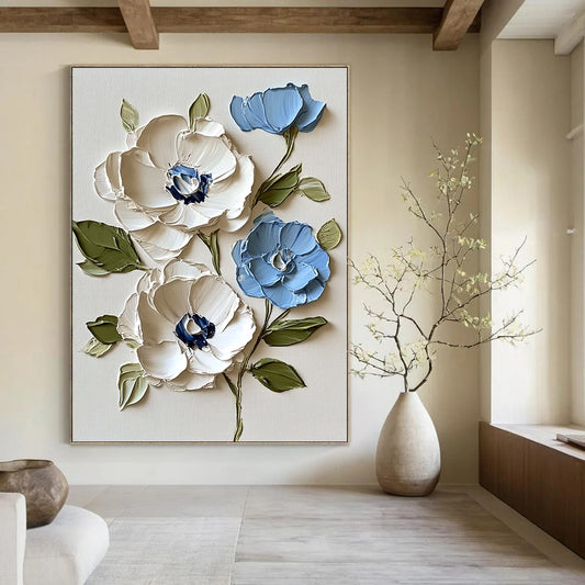Contemporary abstract artwork featuring vibrant white and blue flowers on a white background with textured leaves and bold impasto strokes. DLZ1733
