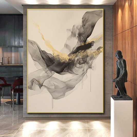 Beige, Gray, Gold, Flowing Shapes "Smoky Splendor" Abstract Painting On Canvas HB035