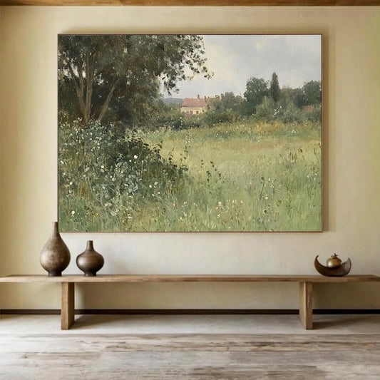 “Rural Retreat” - Greens, Browns, Whites, Countryside with House - Realist Oil Painting HB1597