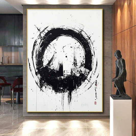 Black and White Circular Ink "Zen Circle" Painting On Canvas HB252