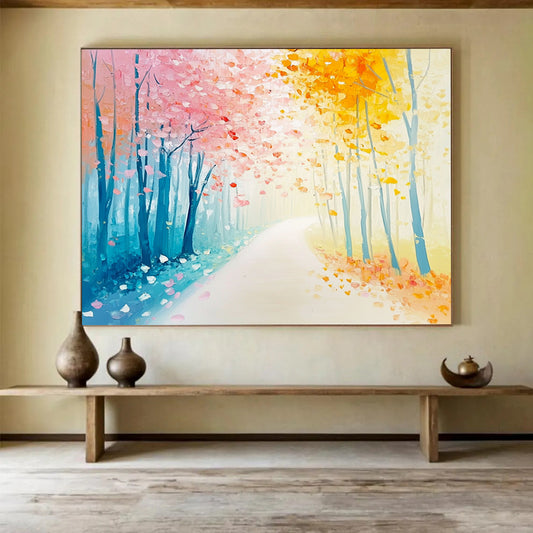 “Pastel Forest Pathway” - Dreamy path lined with pink and yellow trees, Impressionist Landscape Painting On Canvas HB0538