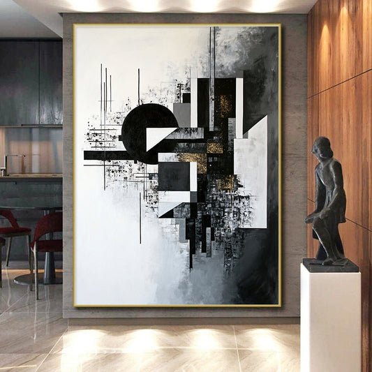 Black, White, Gray and Gold Geometric Abstraction "Gilded Geometry" Painting On Canvas HB318
