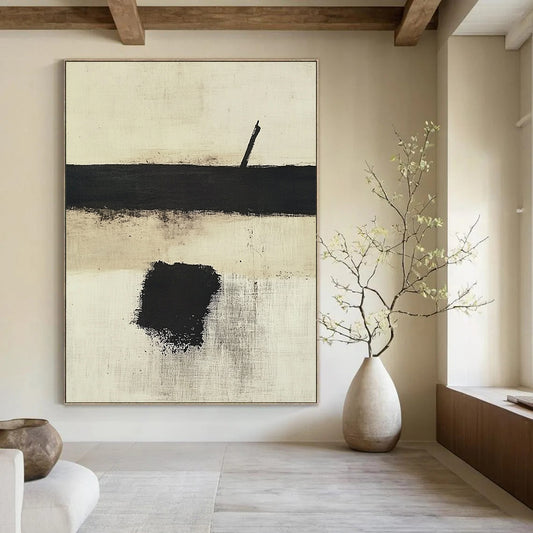 Contemporary hand-painted abstract art featuring a white background with bold black and beige hues and a striking central brush stroke. DLZ0424
