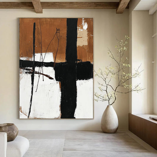 Contemporary abstract oil painting featuring black and white elements with brown lines on a neutral background showcasing earthy tones and minimalistic design. DLZ0311
