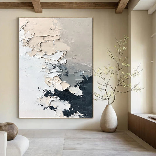 Abstract hand-painted contemporary art featuring textured icebergs and melting snowflakes in muted neutral colors with thick brush strokes on a minimalist white background. DLZ0426