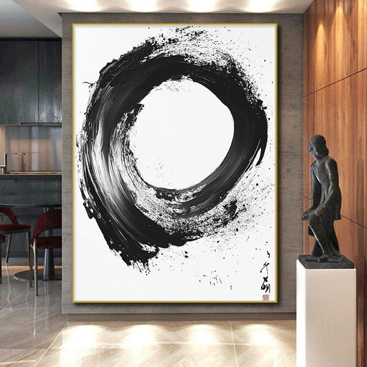 Black and White Textured Circle "Rough Zen" Painting On Canvas HB274