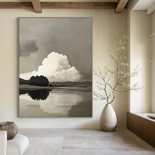 Contemporary abstract art featuring atmospheric clouds over a serene lake with hills and trees in soft neutral tones and subtle brush strokes. DLZ1097
