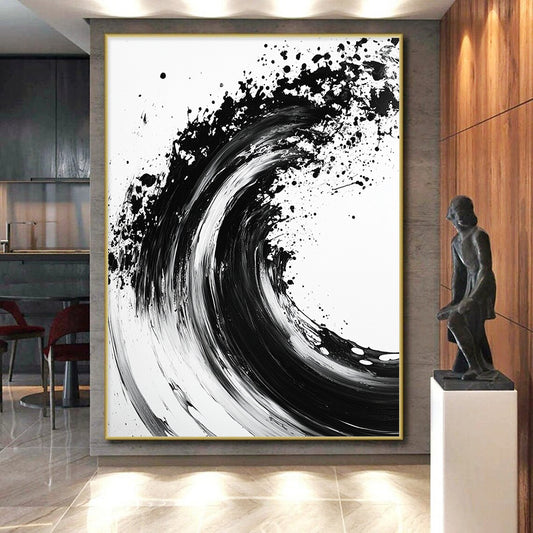 Black, White, Wave - Like Ink Splash "Ink Wave Symphony" Abstract Expressionist Painting On Canvas HB134