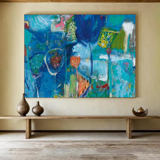 Blue Abstract Flower Field - Whimsical Living Room or Nursery Decor DLZ245