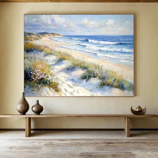 Blue, White, Yellow and Green Beach Landscape "Coastal Calm" Painting On Canvas HB0662