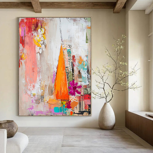 Contemporary abstract painting featuring textured brushstrokes of white reds pinks oranges and yellows with a dreamy collage of floral magazine clippings. DLZ1274