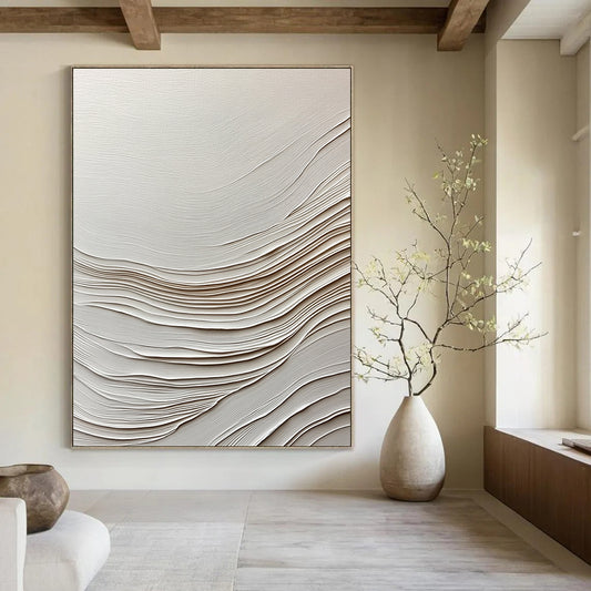 Contemporary hand-painted abstract artwork features smooth white paper with gentle wave-like lines, creating a serene and elegant visual experience. DLZ1233