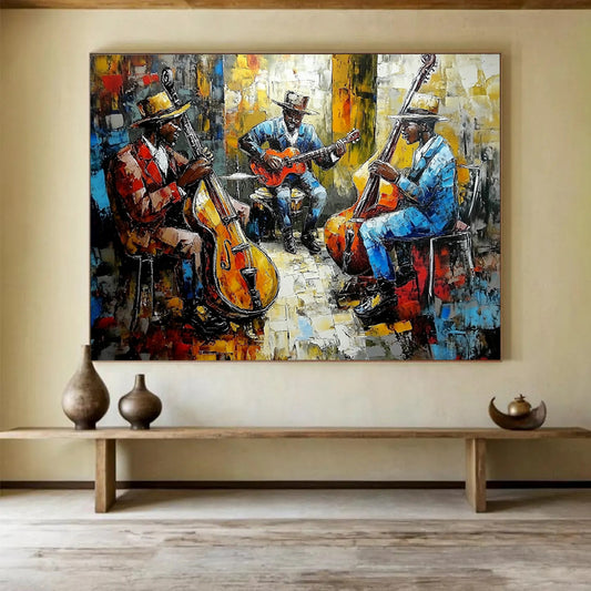 “Vibrant Jazz Band” - Colorful Palette, Jazz Musicians, Figurative Painting On Canvas HB0996