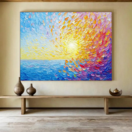 “Textured Sunset Sea” - Colorful, Textured, Sea, Sunset Painting On Canvas HB0750