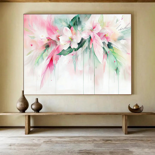 “Dreamy Floral Watercolor with Feathers” - Pink, White, Green, Softly Flowing Flowers and Feathers - Watercolor Painting HB1773
