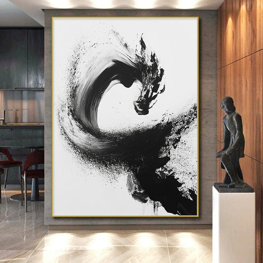 Black Curved Brushstroke with Splatter - “Flowing Enso Energy” Painting On Canvas HB245