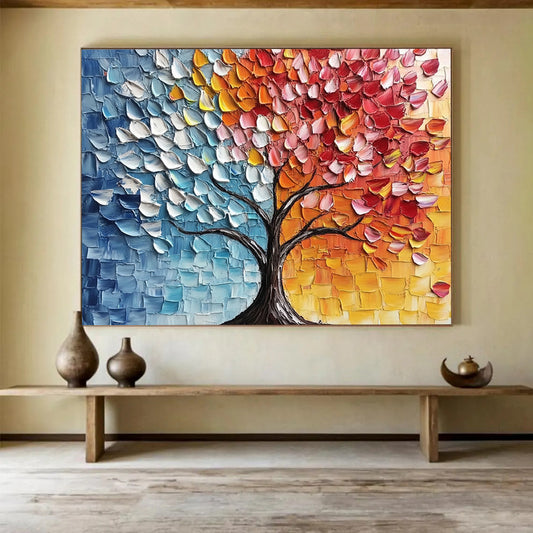 “Split - Color Textured Tree” - Blue, Orange, Red, Yellow, Textured Tree Silhouette - Palette Knife Acrylic Painting HB1638