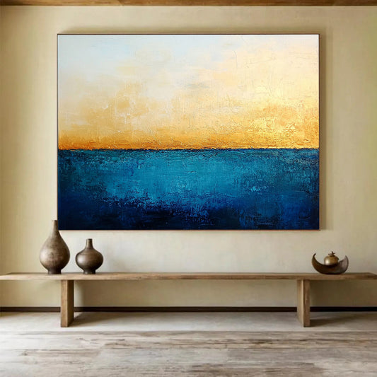 “Golden Horizon” - Blue, Gold, White, Minimalist Abstract Seascape Painting On Canvas HB1067