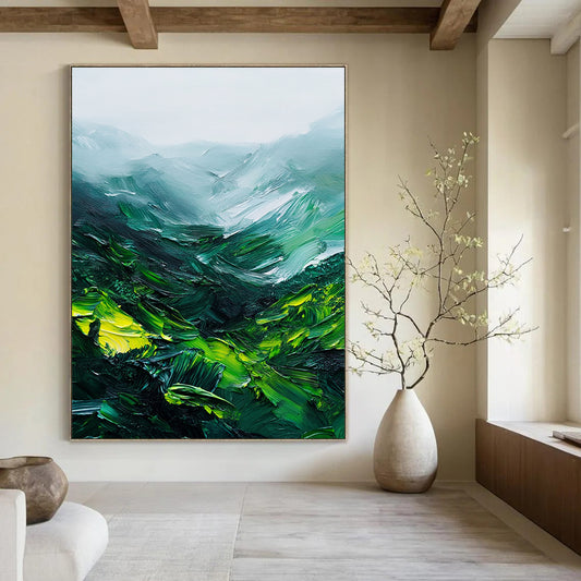 Contemporary abstract painting showcasing thick green mountains with rich brushstrokes and a misty atmosphere on white background. DLZ0623