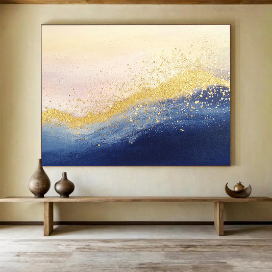 “Golden Sea Sparkle” - Blue, Gold, White, Abstract Waves - Mixed - Media Painting HB1478