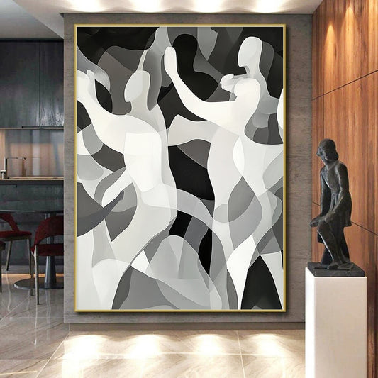 Black, White, Gray, Dancing Figures "Gilded Dance" Abstract Cubist - Inspired Painting On Canvas HB146