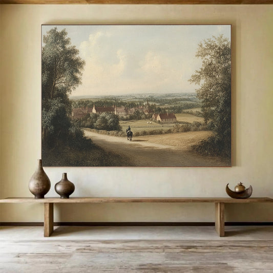 “Village Path with Rider” - Earthy tones, village scene, rider on path, Landscape Painting On Canvas HB0595