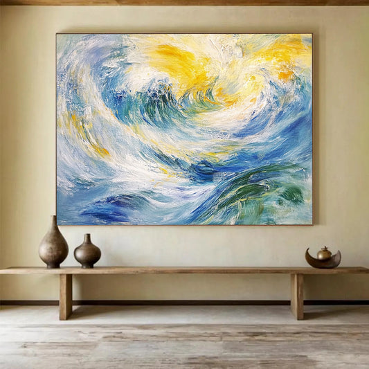 “Swirling Wave Dream” - Blue, yellow, white, green; Fluid strokes mimic ocean waves; Impressionistic Seascape Oil Painting On Canvas HB1173