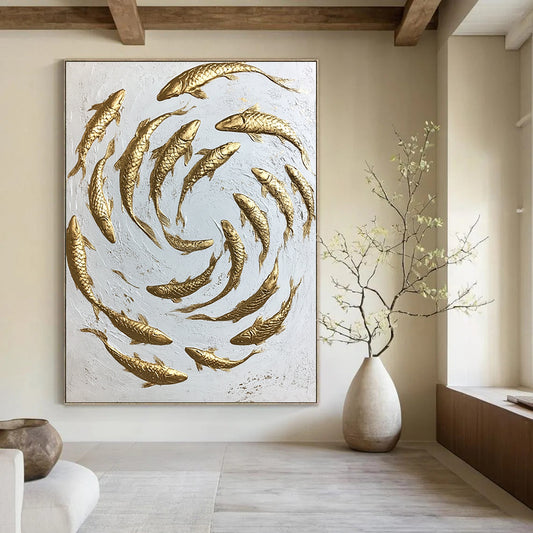 Contemporary hand-painted abstract art featuring swirling gold koi fish on a minimalist white canvas capturing dynamic movement and intricate details. DLZ1475
