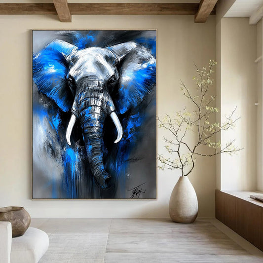 Contemporary abstract artwork featuring an elephant in blue and gray tones with expressive brushstrokes and dramatic lighting, capturing a powerful presence. DLZ1087