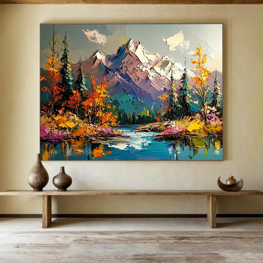 Colorful Mountain Landscape with Lake - Impasto Nature Scene Painting On Canvas HB0456