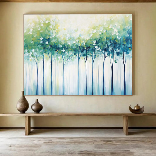 “Soft Green Tree Canopy” - Green, Blue, Dreamy Tree Landscape Painting On Canvas HB0882