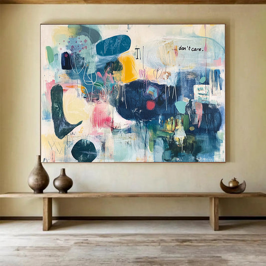 “Colorful Chaos with Text” - Multicolor, Abstract Forms, “don't care” Text - Contemporary Mixed - Media Acrylic Painting HB1550