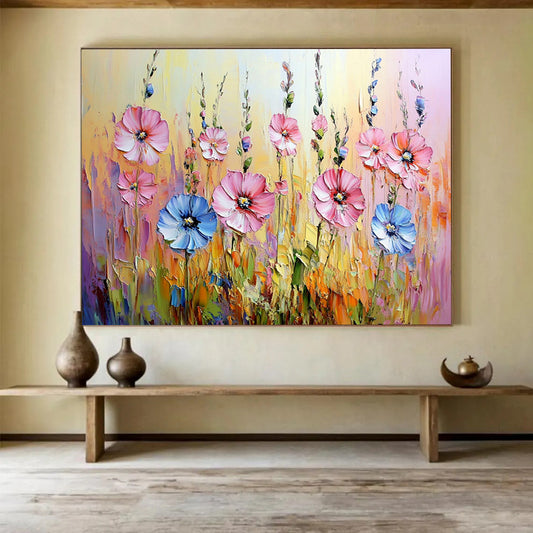 “Vibrant Wildflower Field” - Pinks, Blues, Yellows, Lively Wildflower Meadow - Impasto Oil Painting HB1718
