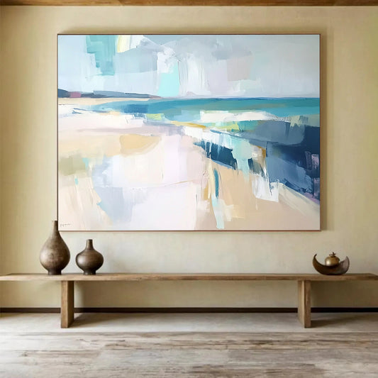 “Abstract Beach Day” - Blue, white, yellow, gray; Soft blocks mimic a hazy seaside; Minimalist Coastal Acrylic Painting On Canvas HB1175