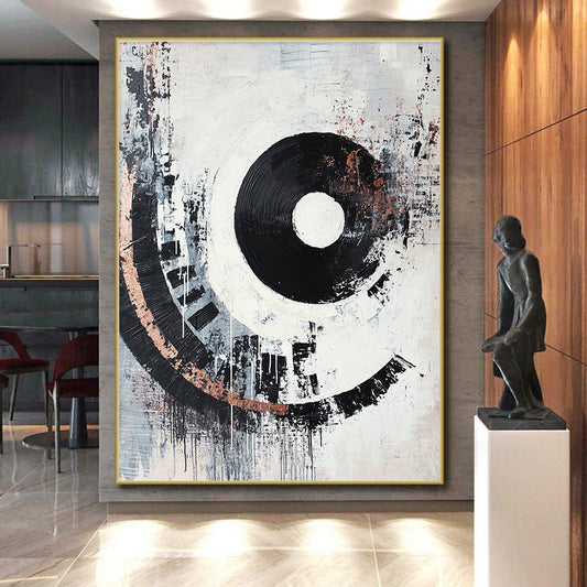 Black, White, Gray, Copper, Concentric Circles "Industrial Echo" Abstract Cubist - Inspired Painting On Canvas HB072