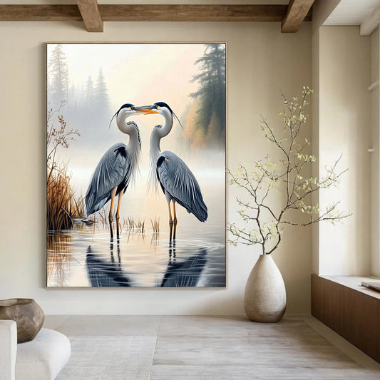Contemporary hand-painted abstract art capturing two herons on a foggy lake with a lush forest backdrop, perfect for elevating any space. DLZ1718