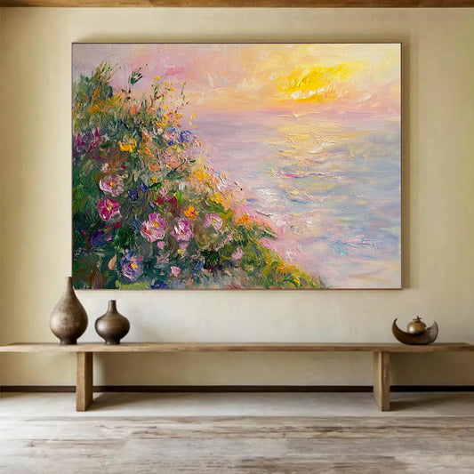 “Seaside Floral Sunset” - Pink, Yellow, Floral & Sea Oil Painting On Canvas HB0716