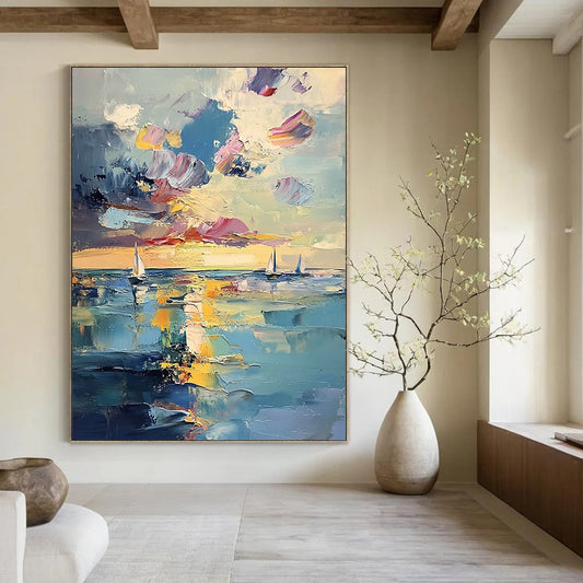 Contemporary abstract painting features a serene sea with distant sailboats and ethereal sunlight, showcasing vibrant pastel reflections and visible brushstrokes. DLZ1112