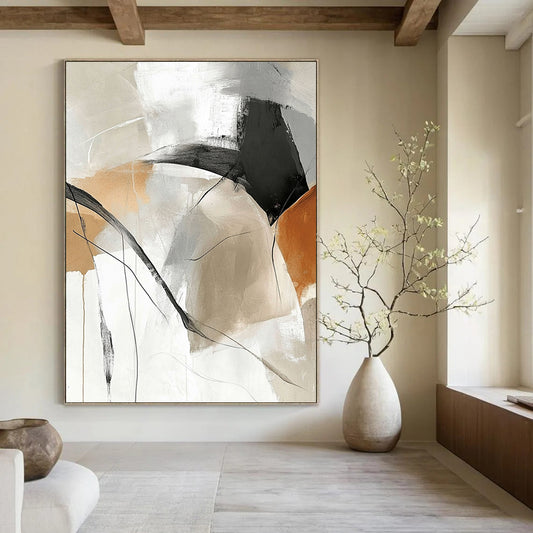 Contemporary hand-painted abstract art featuring beige and white tones with black lines beautiful curves and intertwined gray shades large blank spaces for customization. DLZ0292
