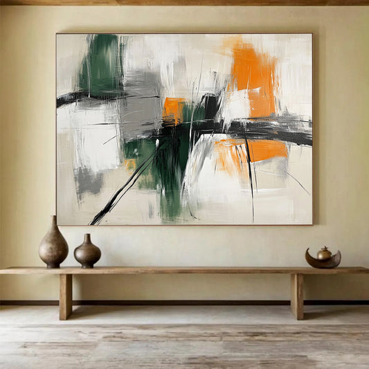 “Green and Orange Interplay” - Green, Orange, Gray, White, Abstract Strokes - Abstract Cubist - Inspired Acrylic Painting HB1552