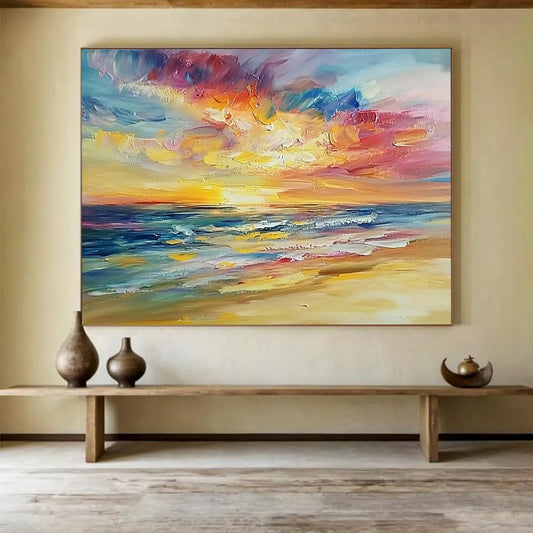 “Vibrant Sunset Sea” - Bold Orange, Pink, Purple, Blue, Impressionistic Sunset Beach Painting On Canvas HB0981