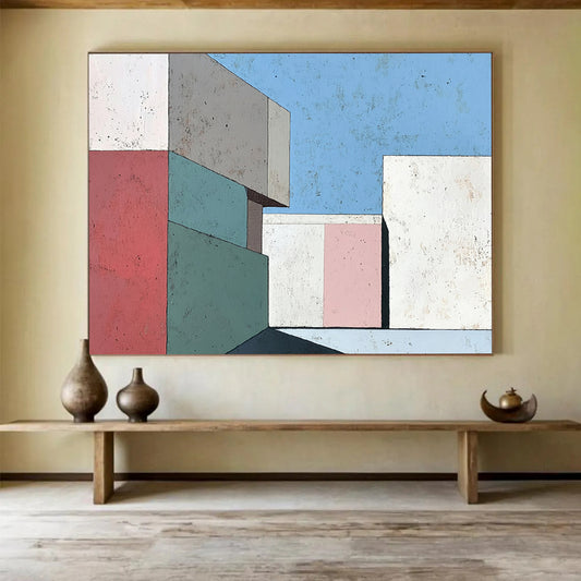“Pastel Geometric Architecture” - Pink, Green, Blue, Abstract Buildings - Modernist Acrylic Painting HB1499